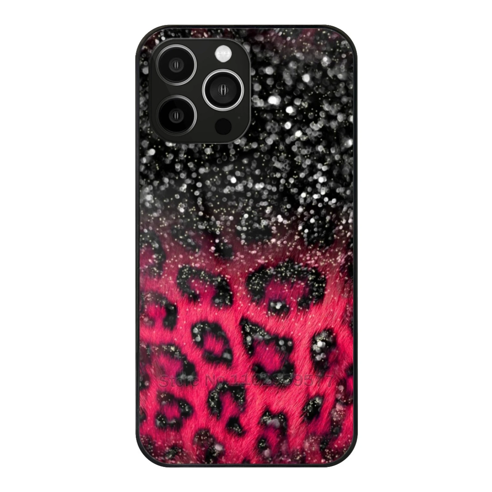 

Pink Black Leopard Print Faux Glitter Phone Case Tempered Glass For Iphone 15 14 13 11 12 Pro 8 7 Plus X Xr Xs Covers Glitter