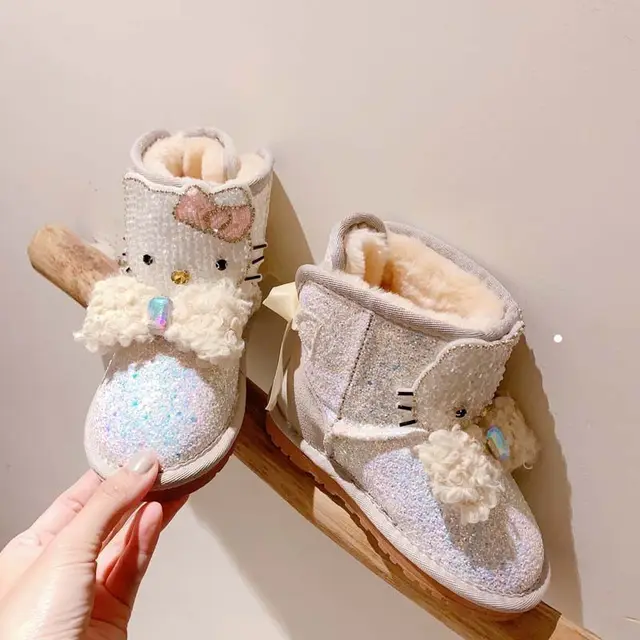 Sanrios Child Short Boots Hello Kittys Winter New Rhinestones Bow Tie Girl Fashion Velvet Keep Warm Soft Bottom Cotton Shoes 3