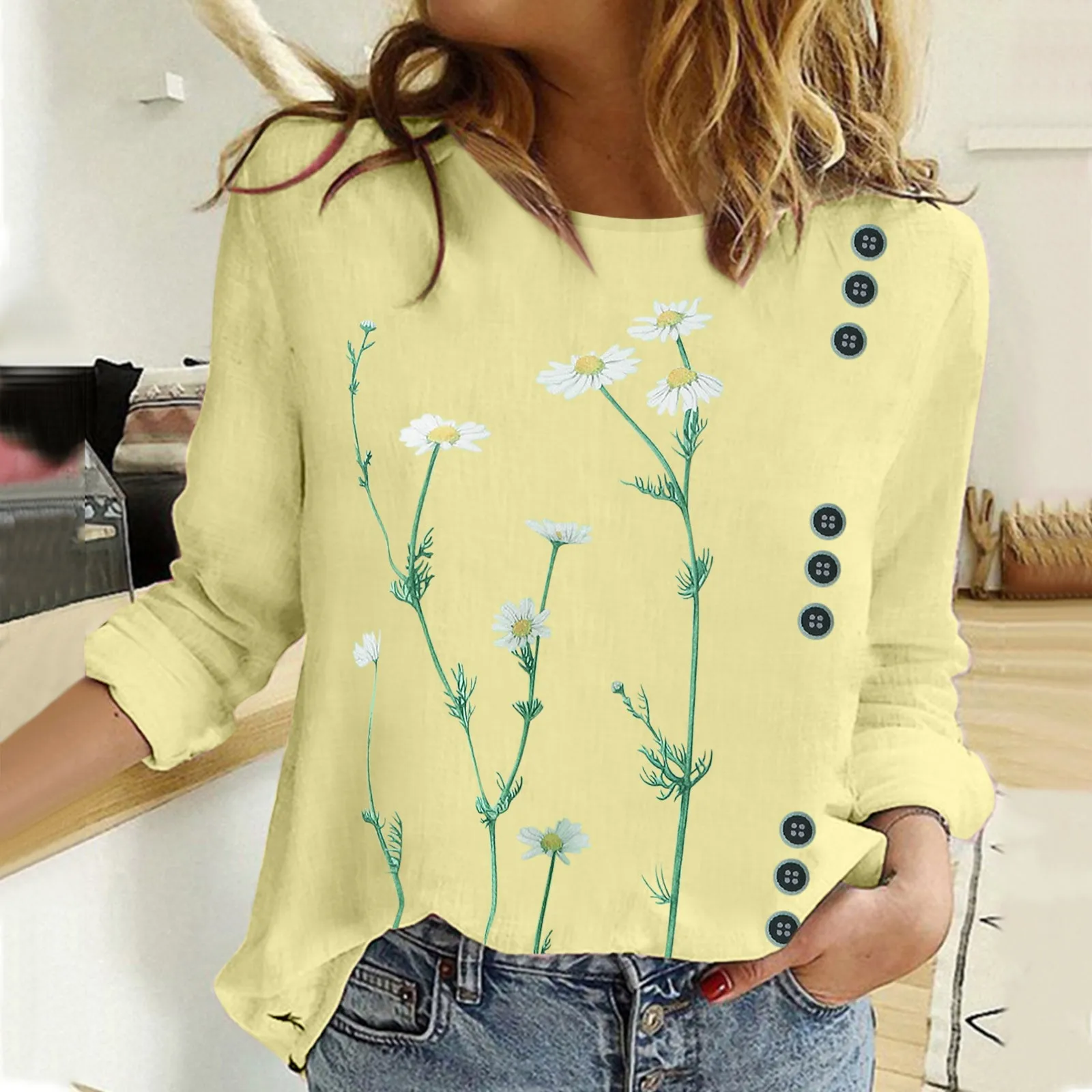 

Fashion Woman Blouses 2022 Casual Daisy Print Spliced Long Sleeve Shirts Round Neck Loose Vintage Beach Holidays Tops Blusa 4