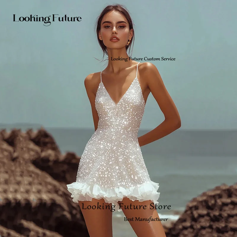 Customized Beach Mermaid Mini Wedding Dress Glitter Sexy V-Neck Spaghetti Straps Backless Pleat Sequined Short Bridal Gowns 2025 10 S6228bd1a670947eab8dd94fcb83ebc66D