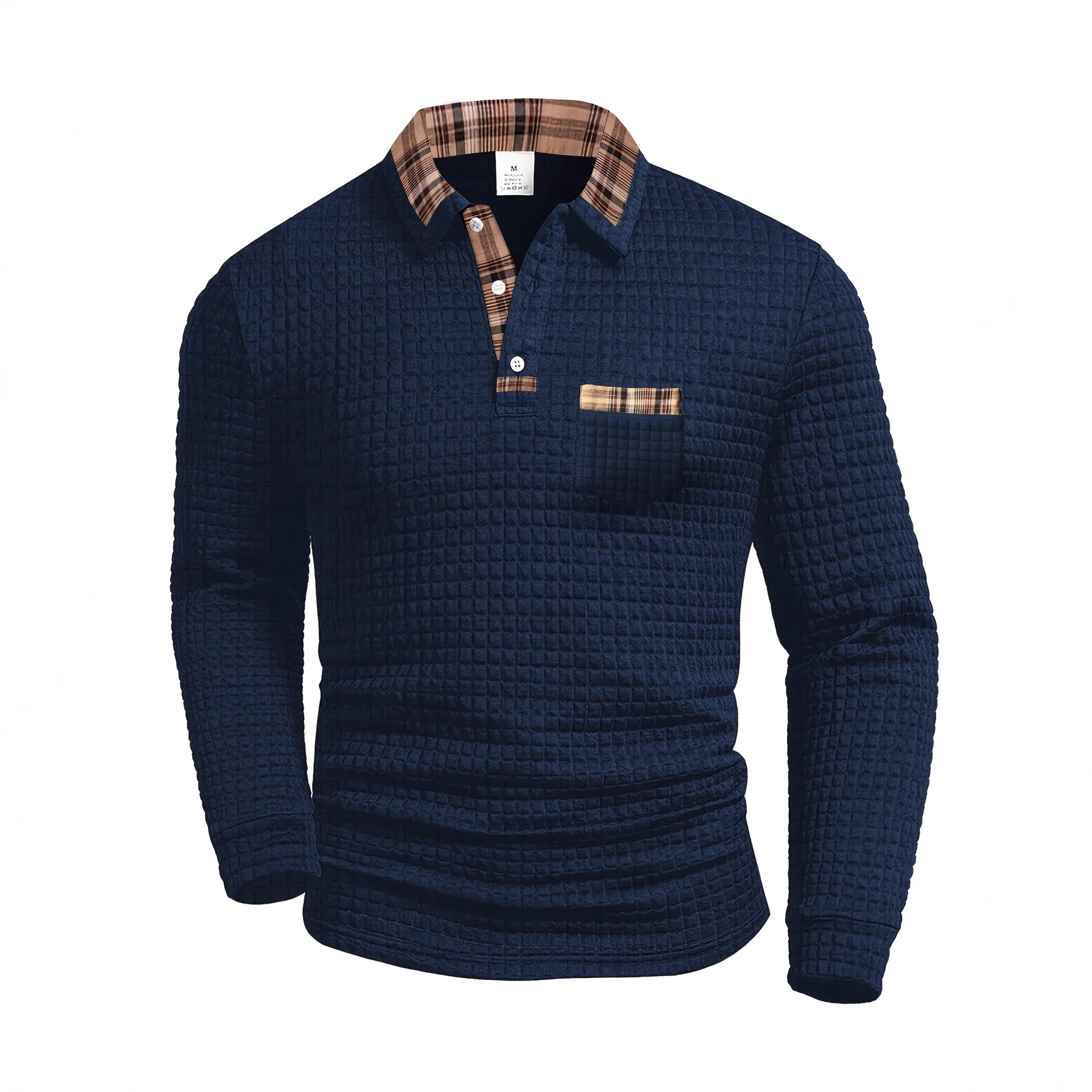Polo Sportiva Casual da Uomo a Maniche Lunghe con Motivo a Scacchi e Patchwork, Collezione Primavera-Autunno 2026 - immagine 3