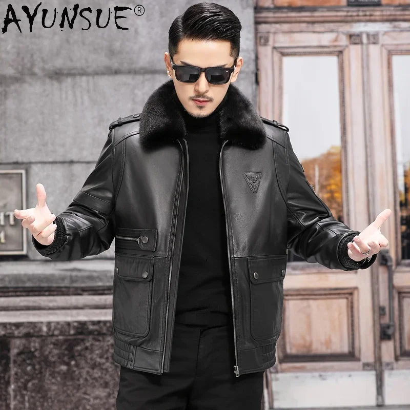 

AYUNSUE Men's Fur Coat 100% Genuine Cowhide Leather Jacket Male Big Mink Fur Collar Warm Thick Woolen Liner Coats Jaquetas Gm404