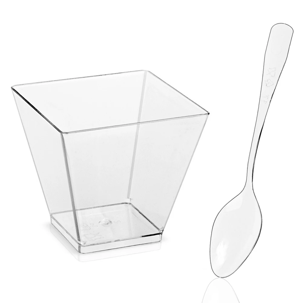 Plastic Mini Dessert Cups with Spoon Set for Ice Cream and Jelly