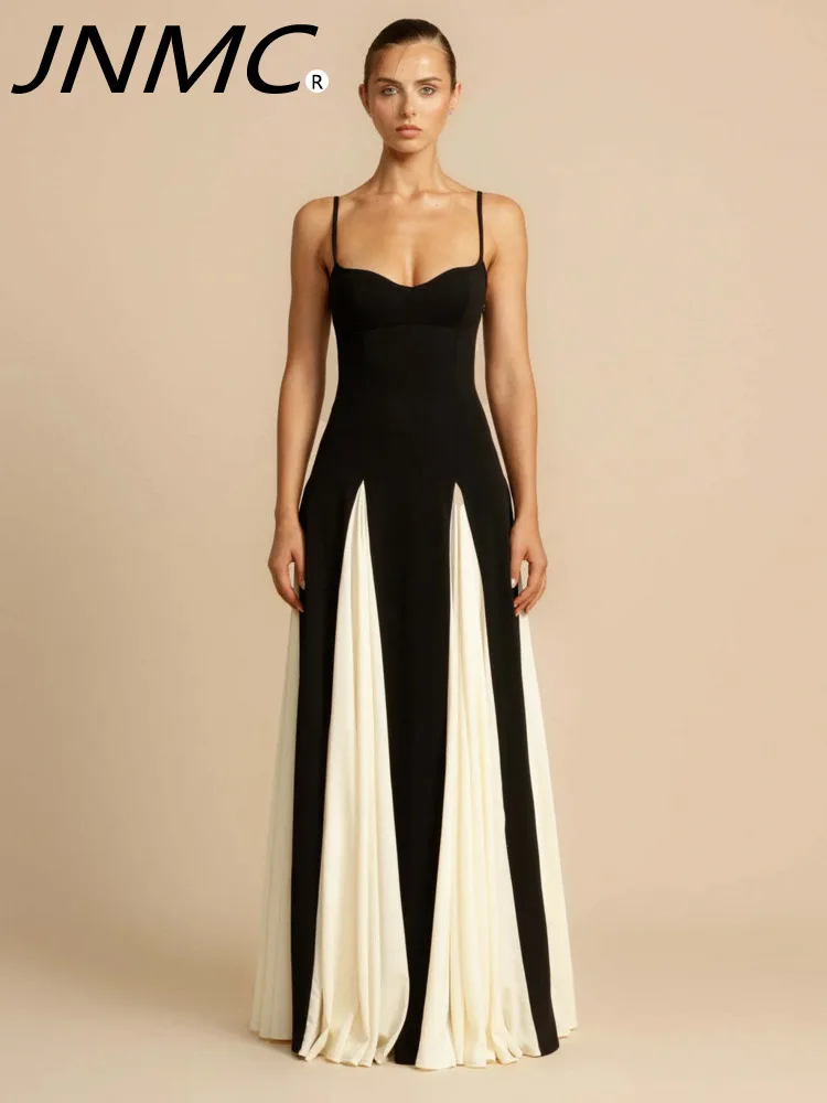 

JNMC 2024 Elegant Patchwork Spaghetti Strap Long Dress For Women Fashion Sleeveless Backless Sexy Evening Maxi Dress Fashion