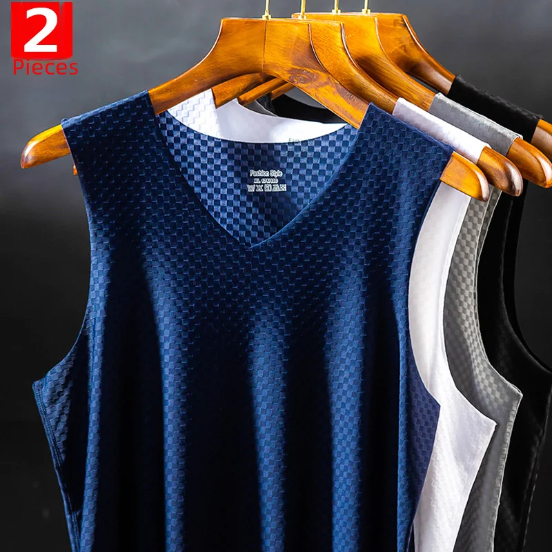 2-piece Set Ice Silk Vest Men's Summer Outer Wear Seamless Thin Slimming Mesh Sports Shoulder Sleeveless T-shirt Trendy