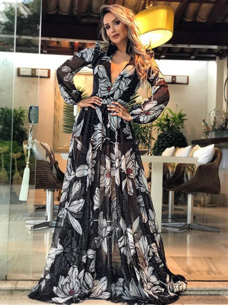 

2023 autumn Europe and the United States new women's dress sexy deep V waist long sleeve printed skirt