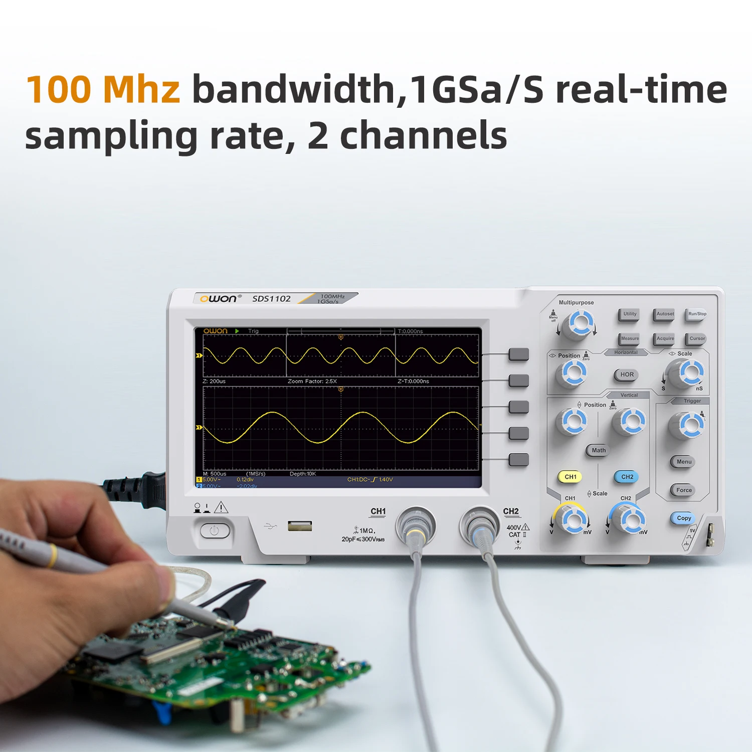 Owon SDS1102 Digital Oscilloscope 5mV/Div 2 Channel 100MhZ Bandwidth 1GS/s Sampling Rate 7-inch TFT Storage Desktop Oscilloscope 3