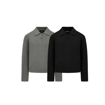 Polo in maglia jacquard da uomo, retrò, a maniche lunghe, con risvolto