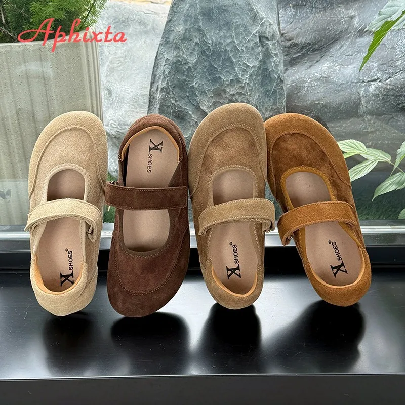 Aphixta New Flat with Mary Janes High Quality Cow Suede Flats Hook Loop Flat Shoes Women Shallow Concise Round Toe Ladies Shoes