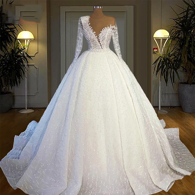 

Modern O-Neck Shinny Beads Sequins Ballgown Wedding Dress Sweep Train Long Sleeve Vestido De Casamento 2024 Puffy Bridal Gown