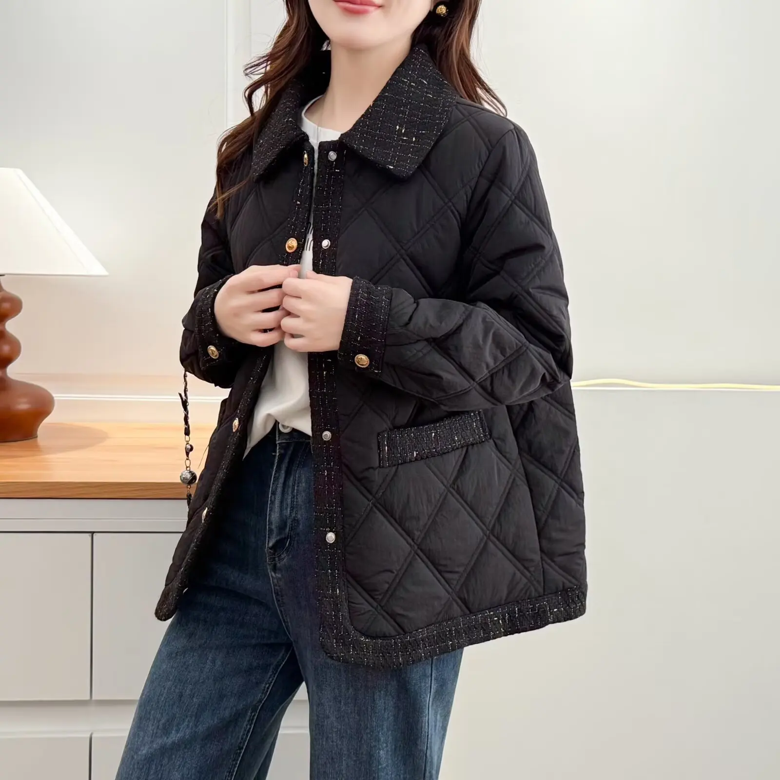 XXXXL Fashion Plus Size Women's Parkas 2025 Winter New Style Elegant Chic Padded Jacket Lapel Warm Argyle Coats 2515
