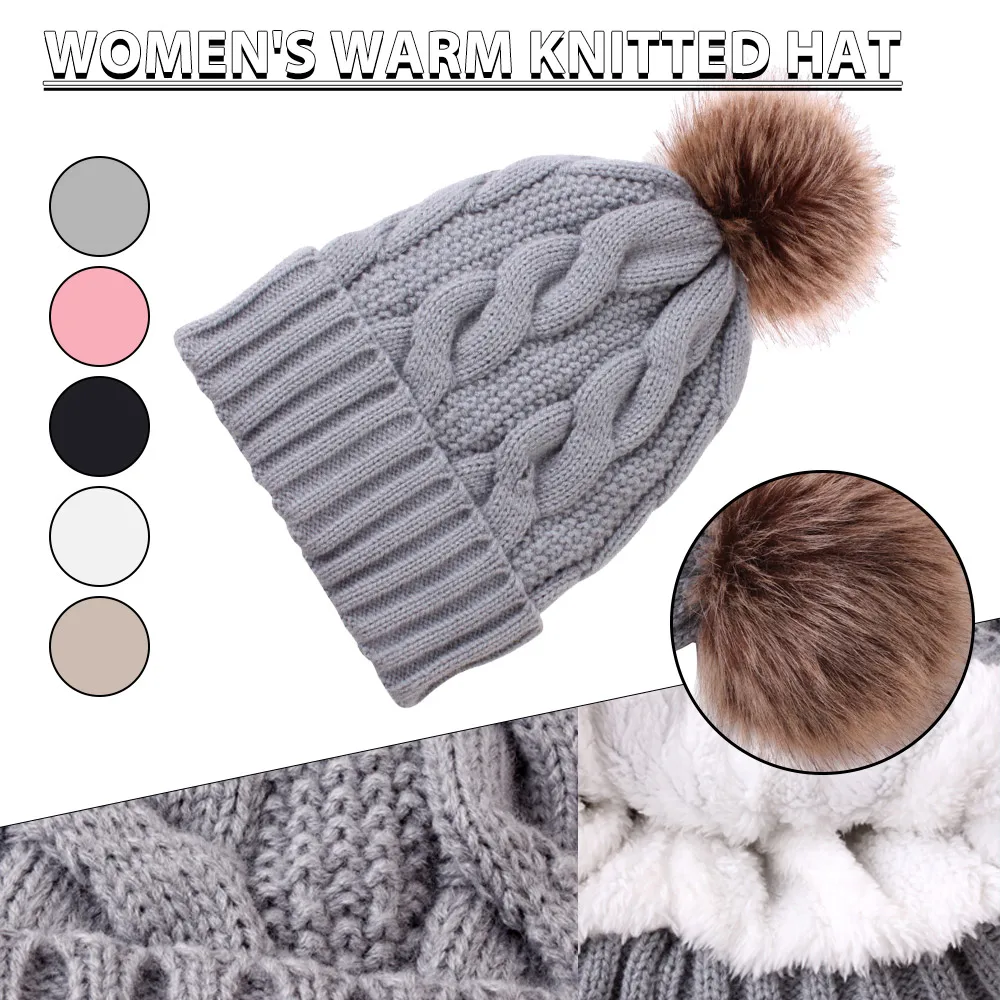 

Fashion Skin-friendly Winter Hat Women Pom Pom Winter Hats Women Warm Brown Fur Pompom Wool Beanies No Pressure Easy Take Off