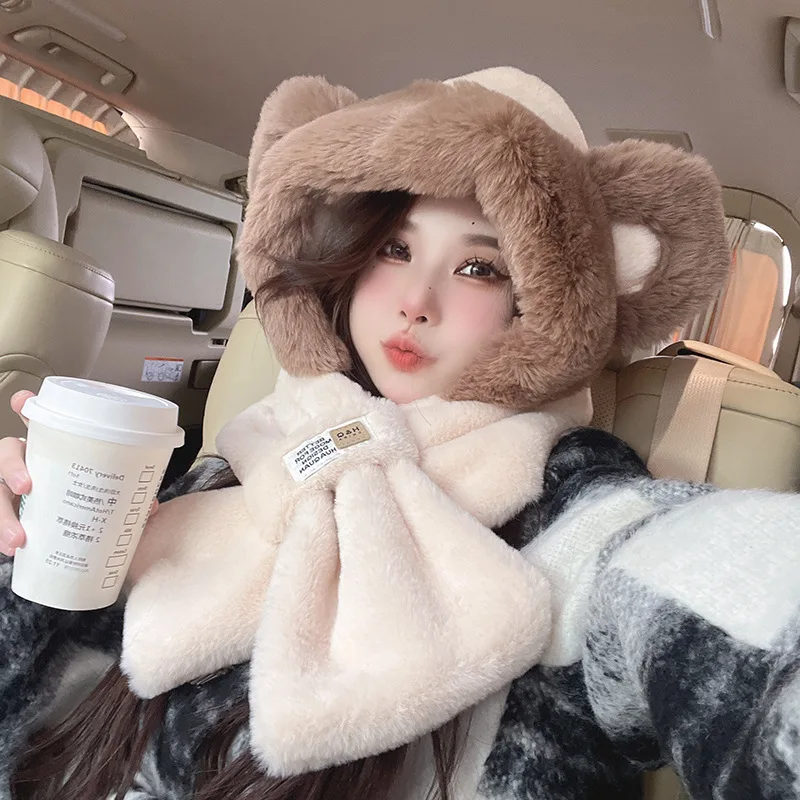 Warm Winter Hat Cute Bear Hat Scarf Scarf All-In-One Women's Winter Earmuffs Lei Feng Plush Cycling Warm Ski