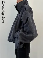 Mode court manteau en laine femmes col montant simple poitrine manches longues veste ample femme 2025 automne solide bureau dame vêtements d'extérieur 2