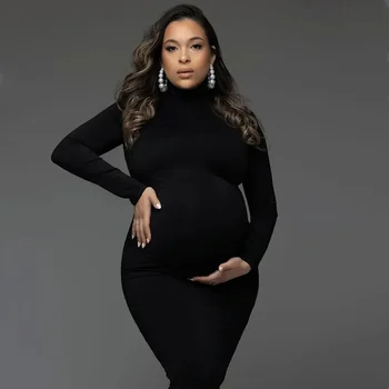 Black Skinny Dress Maternity Photography Prop High Neck Stretchy Baby Shower Clothes Full Sleeve Dresses Pregnant Photo Shoot