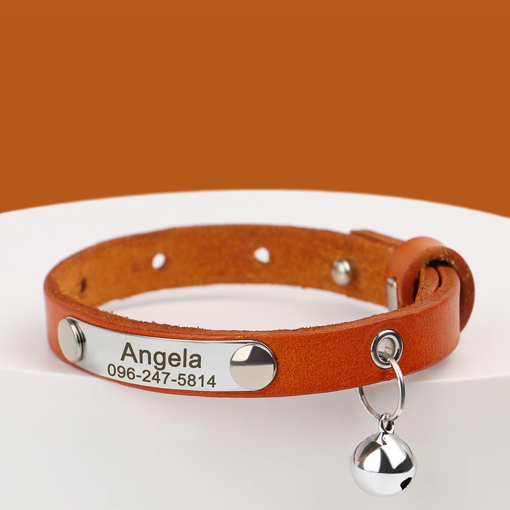 Personalized Cat Collar Adjustable Leather Pet Cats Collars Necklace Custom Puppy Kitten Name Collars Anti-lost Cat Accessories 4
