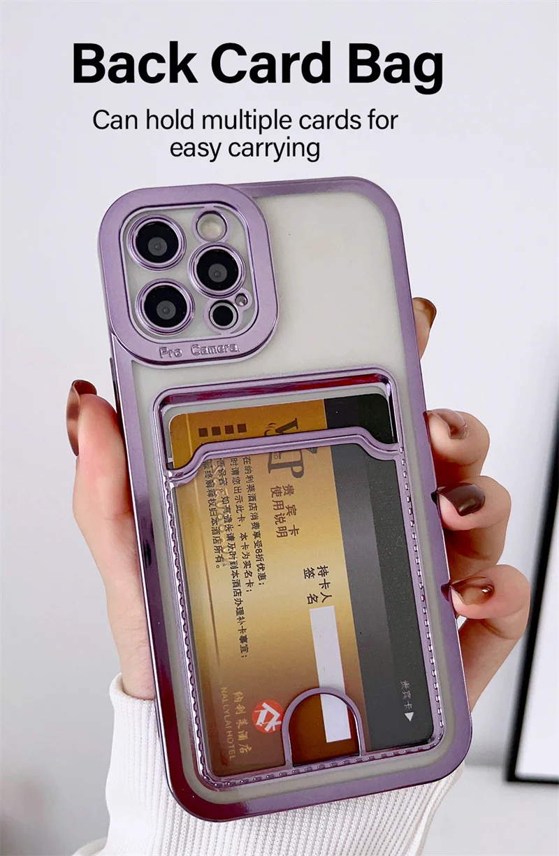 Electroplated Transparent Card Holder Wallet Case For iPhone 15 14 13 12 11 Pro X XR XS Max 6s 7 8 Plus SE 2 Photo Pocket Cover- S6229e6ad4b29419895bb3c8d501319179
