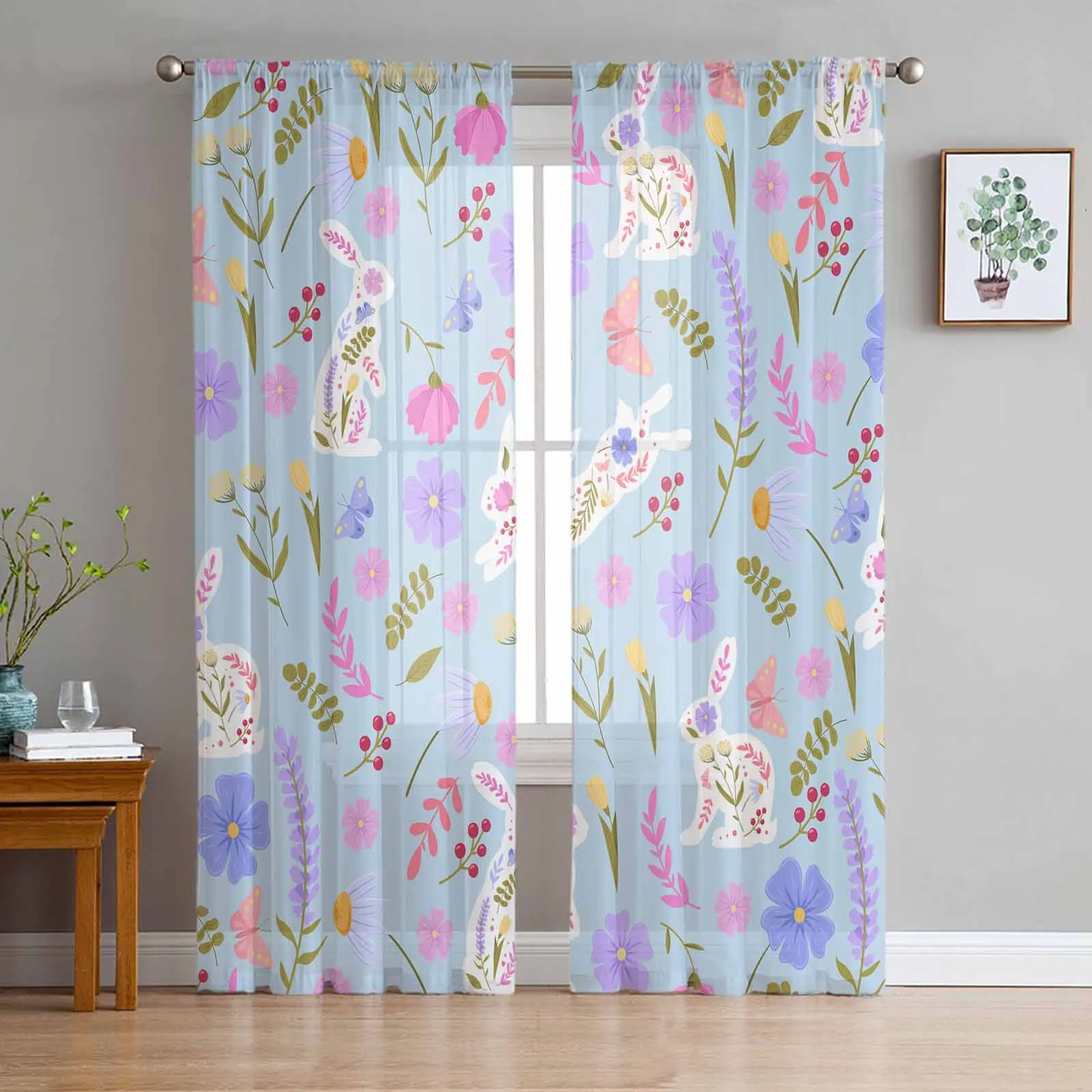 

Rabbit Easter Flower Abstract Blue Sheer Curtain Living Room Drapes Home Bedroom Voile Curtain Tulle Window Curtain