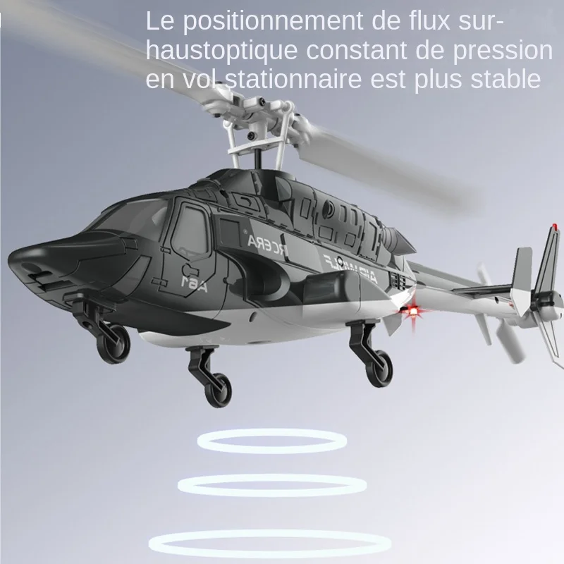 Hélicoptère RC A61 en action avec un arrière-plan flou, illustrant la stabilité du vol