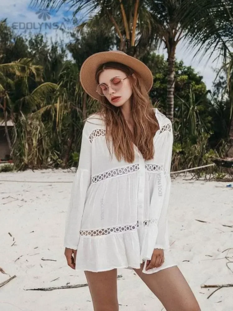 Women Swimsuit Cover Ups Mandarin Sleeve Kaftan Beach Tunic Dress Robe De Plage Solid White Pareo Beach Cover-ups  #Q429 - 2
