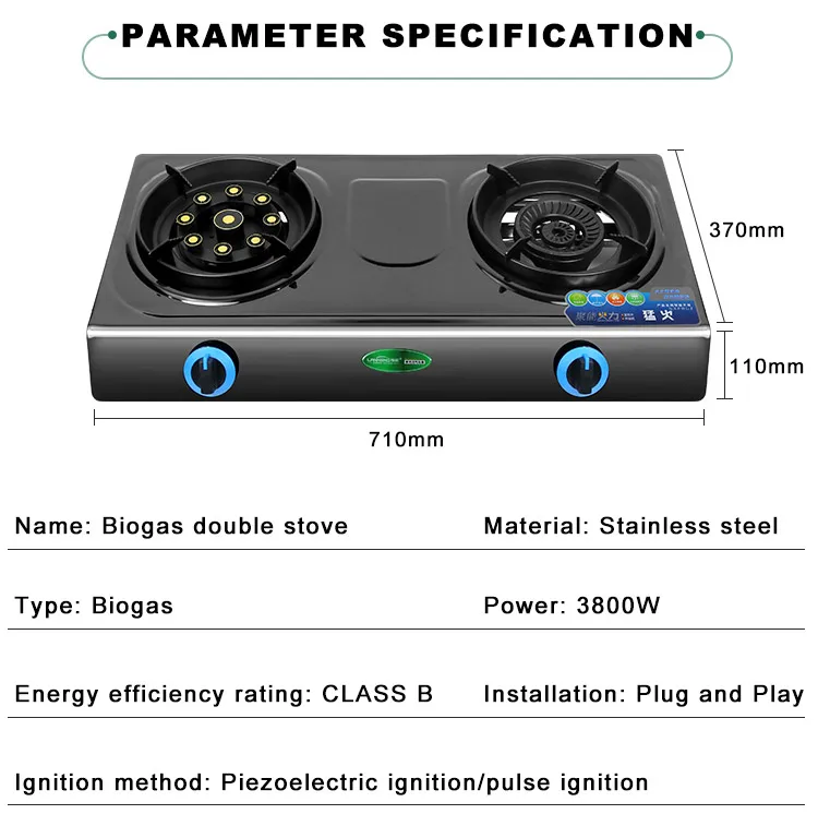 Wholesale Price Multi-function Biogas Double Burner Stove Household Villages Stainless Steel Table Install Biogas Cooktop 2