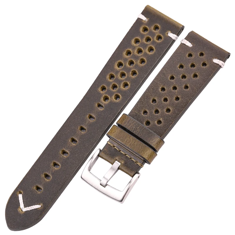 Vintage-Style Handmade Oil Wax Genuine Leather Watch Band for Men - Available in Black, Brown, Yellow, and Green