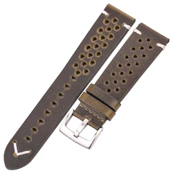 Vintage - Style Handmade Oil Wax Genuine Leather Watch Band for Men - Available in Black, Brown, Yellow, and Green (Dark Green Silver)