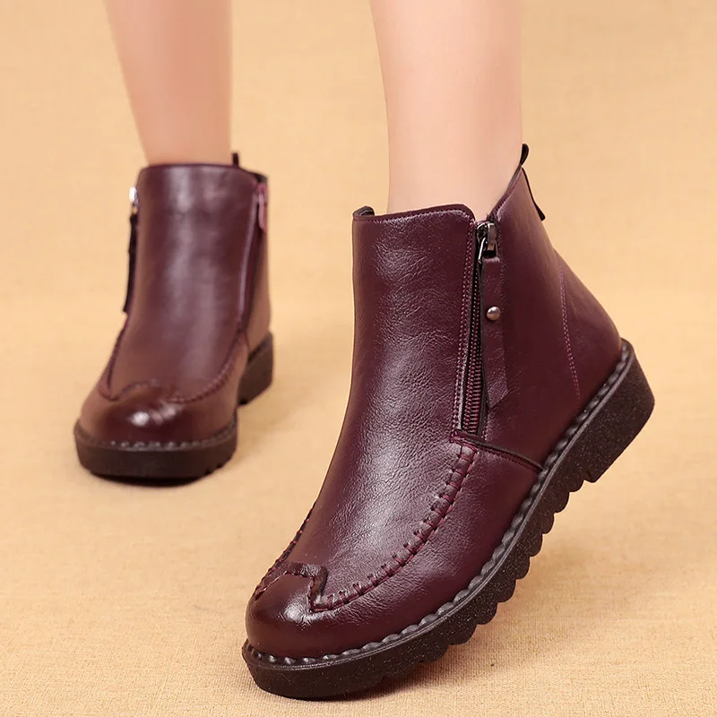 2023 Fashion Winter Boots Women Leather Ankle Warm Boots women's casual ankle boots mother flat warm non-slip cotton shoes