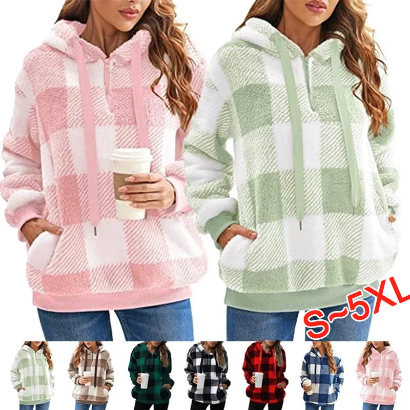 2023 Women's Hoodie Plaid Drawstring Hooded Pullover Casual Long Sleeve Loose Sport Plaid Sweater Plush Pocket Hoodie