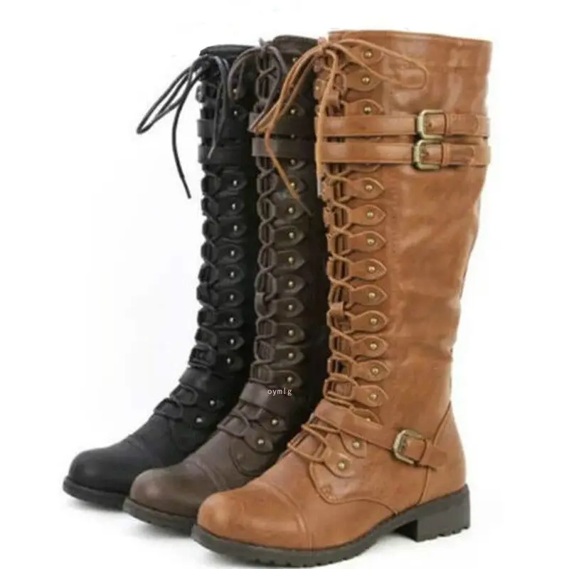 Women Mid Calf Autumn Winter Lace Up Sexy Steampunk Leather Boots 1