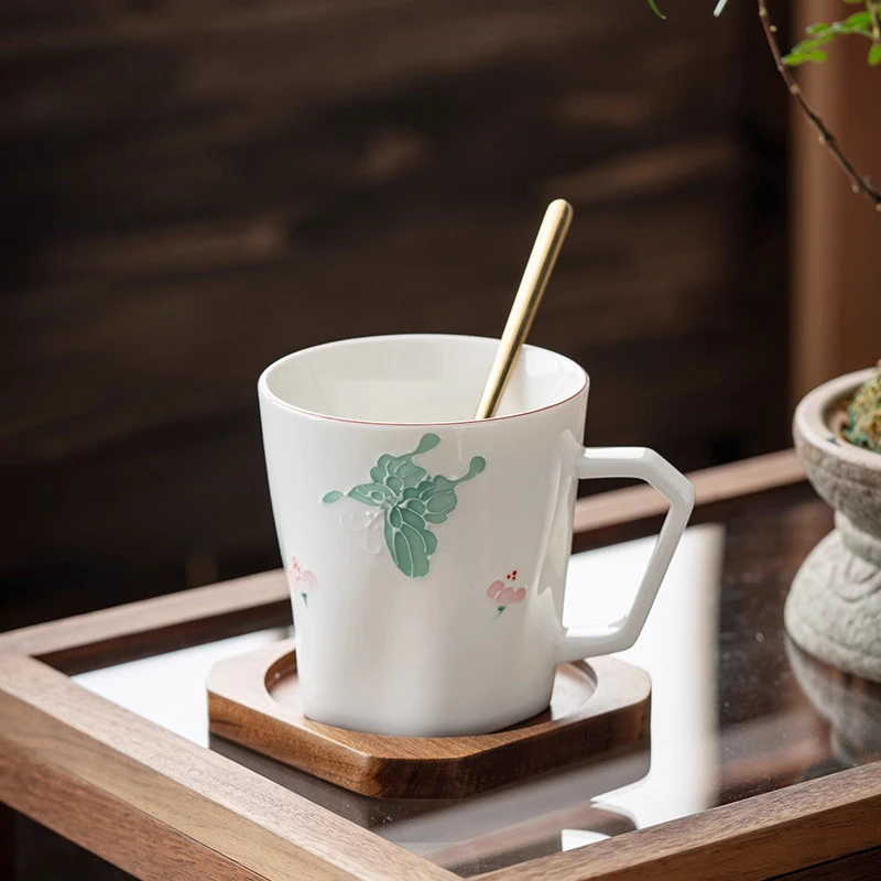 Chinese Style Ceramic Mug, Personal Office White porcelain hand-painted butterfly underglaze color, Water Coffee Cup, 300ml, 1Pc