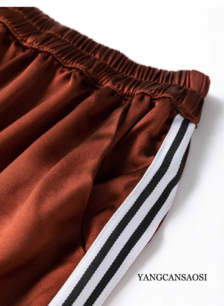 2024 Women's Casual Summer New 40MM Heavyweight 100%Natural Mulberry Silk Satin Elastic Waist Loose Caramel Wide Leg Pants