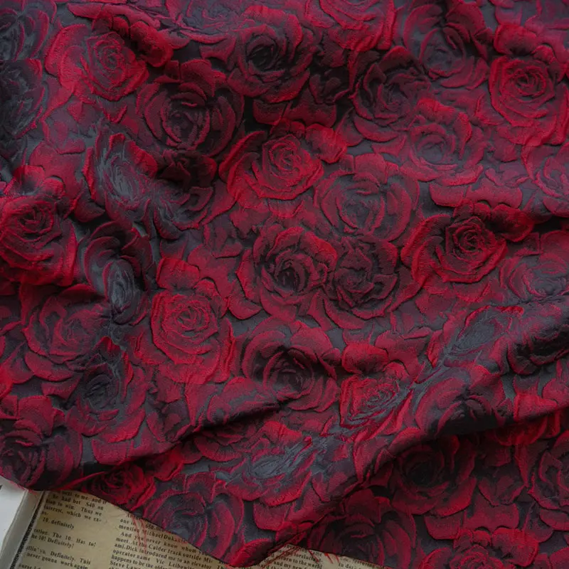 1/2/5m Embossed Dark Red 3D Rose Jacquard Yarn Dyed Fabric for Women's Dress Suit Bag Tablecloth DIY Sewing Vintage Floral Cloth