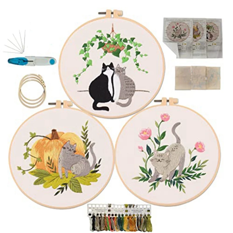 

3 Packs Embroidery Starter Kit High Guality For Beginners Hobbies For Women Adults Crafts With Cats And Plants Patterns