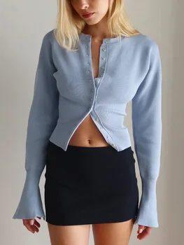 Tossy Autumn Fashion Knitwear Cardigan Top Women's Ribbed Patchwork Slim Casual Cropped Inner Top Women's Knit Cardigan Outwear 1