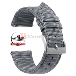 Nylon Quick Release Canvas Watch Strap - Universal Replacement - 22mm (Grey - Silver)