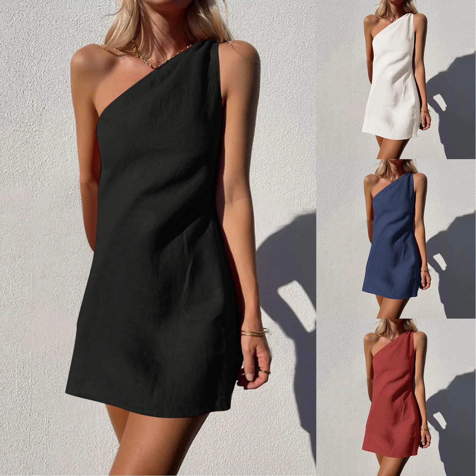 

Women's Casual Fashion Dress Solid Color One Shoulder Slim Elegant Temperament Dresses Summer Halter Mini Sundress For Women