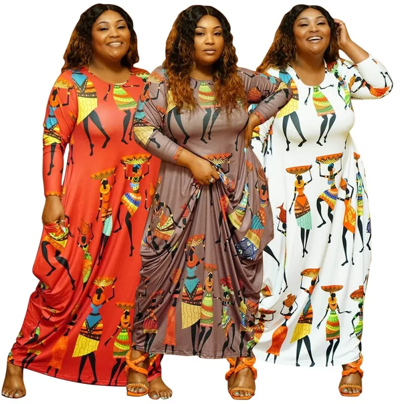 Spring Autumn Printed Loose Long Dress Women Long Sleeve Maxi Dresses Fashion Ankara Ladies Robes Large Size African Clothing