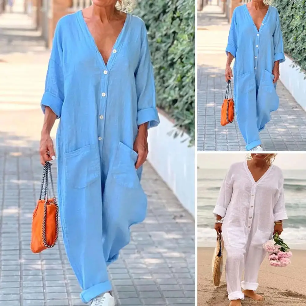 

Women Rompers V-neck Pocket Button Half Placket 3/4 Sleeves Baggy Stretchy Romper Overalls Cotton Linen Wide Leg Summer Jumpsuit