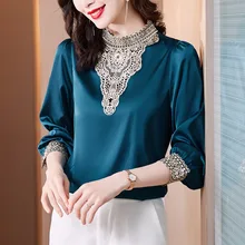 

Silk satin top 2022 spring new noble long-sleeved palace retro French shirt blouses for women Polyester O-Neck Full