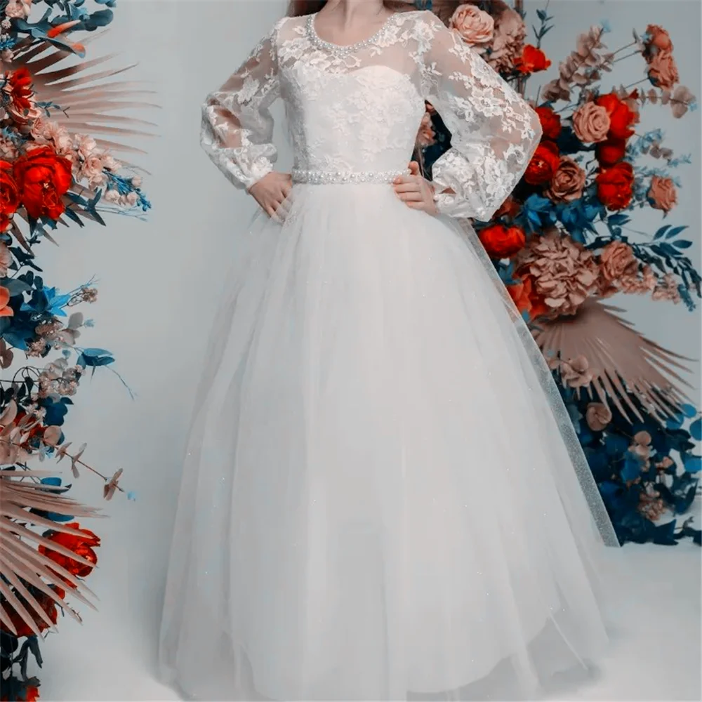 真珠ベルト付きの白い花の女の子のドレス聖体拝領ガウンライトレースキラキラクレープロングプリンセス結婚式ベビーパーティー