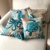 1pc Cove Single Side Square CushionCovers Seahorse Whale Starfish Turtle Blue Ocean Square Throw PillowCover Linen Material 1