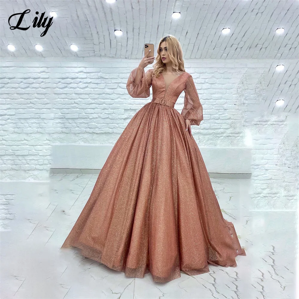 

Lily Pink Glitter Prom Dresses Full Sleeves V Neck Evening Dresses with Belt Sweep Train Pleat A Line فستان حفلات الزفاف