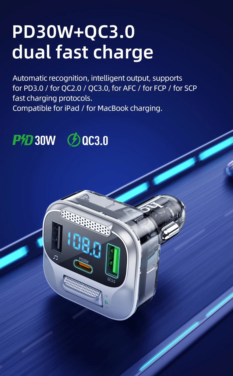 Hoco E75 30W PD USB QC3.0 Car Bluetooth MP3 FM Transmitter Charger description image 4