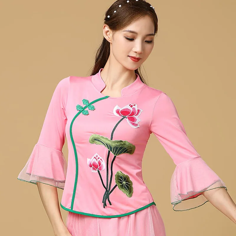 Cheongsam Women's Plus Size Short Tops Autumn Cotton Blend Mesh Splicing Embroidery Slim Chinese Style Qipao Shirts Woman