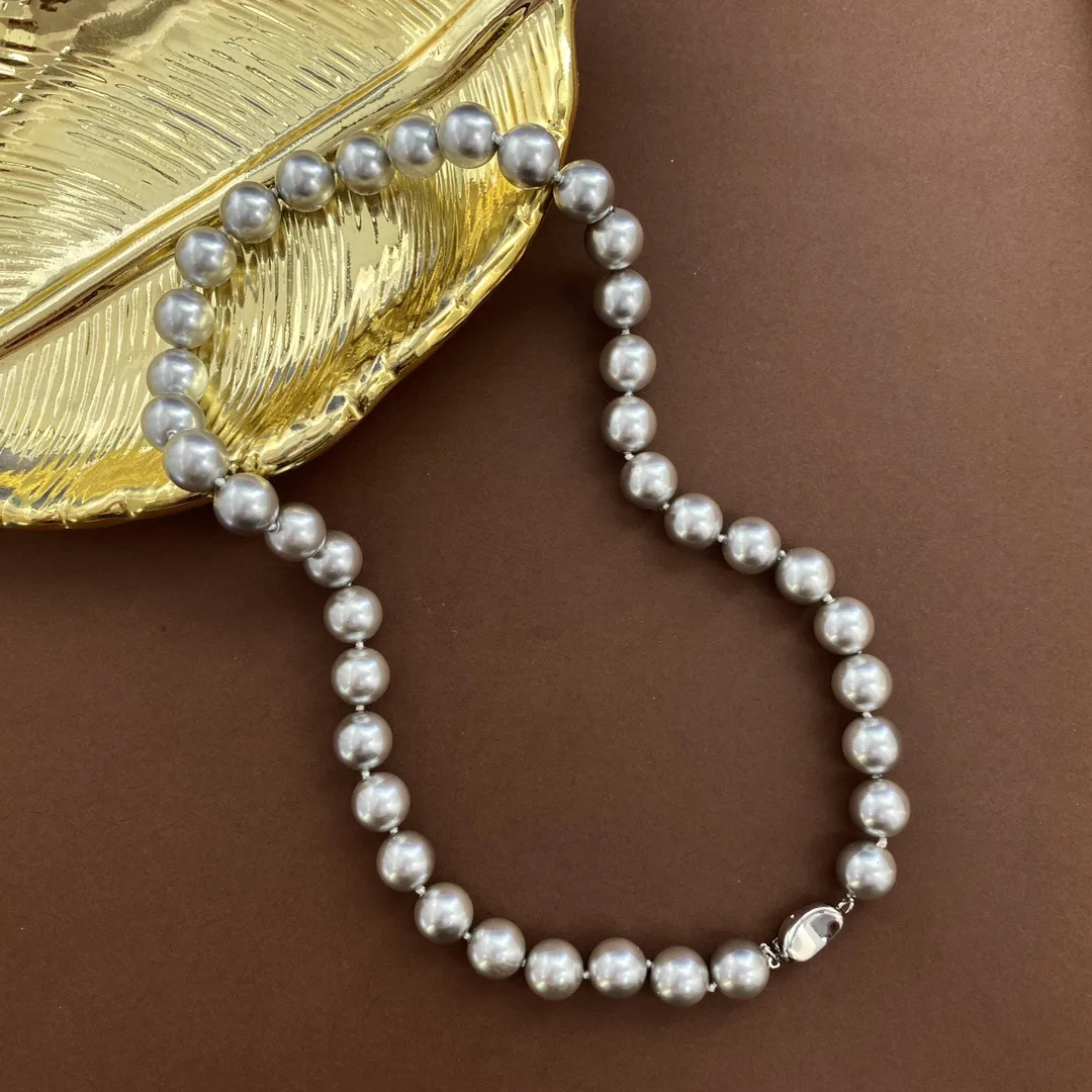 Women's wild gold ingot buckle 10mm round pearl necklace