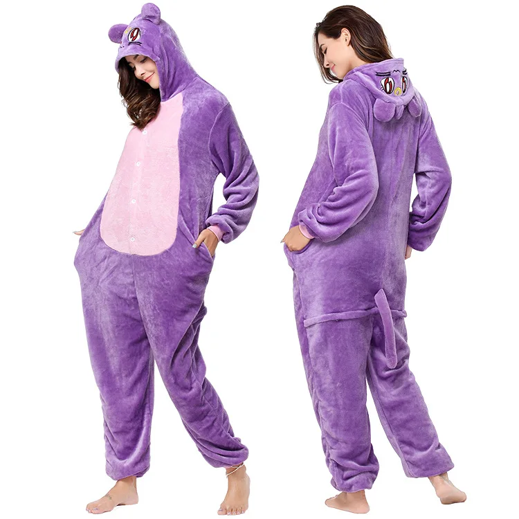 Purple Cat Pijamas Animal Onesie for Adults Kigurumi Pajamas Winter Warm Sleepwear Cosplay Clothes Women Men Flannel Jumpsuits