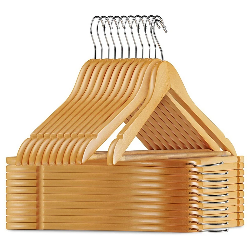 

New Solid Wood Suit Hangers 20 Pack With Non Slip Bar And Precisely Cut Notches 360 Degree Swivel Chrome Hook Wooden Hangers