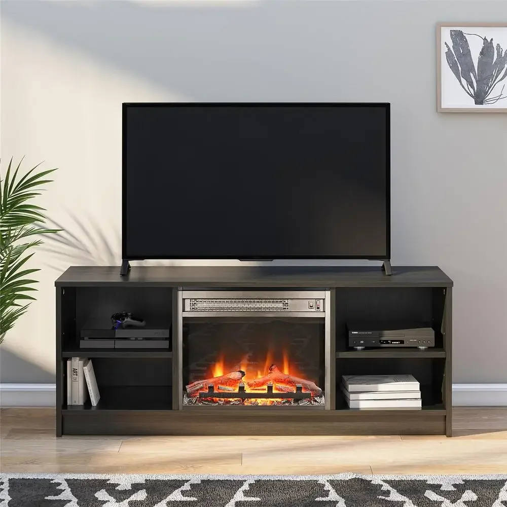 Electric Fireplace TV Stand Black Oak Media Storage Console Heater LED Flames Adjustable Shelves 55" TV 47.44"x15.67"x18.58" H 2