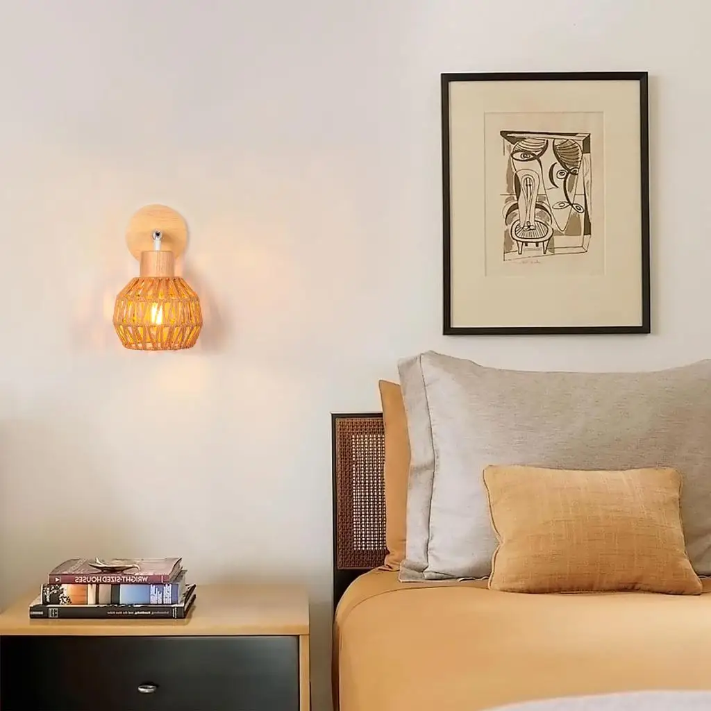 Hemp Rope Woven Wall Sconce Vintage Wood Wall Light Lighting Retro Rattan Bedside Lamp Industrial Living Room Bedroom Decor E27